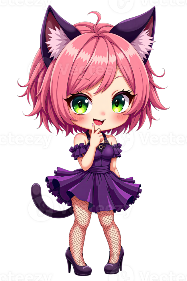 Chibi Catgirl with Pink Hair in Purple Dress png