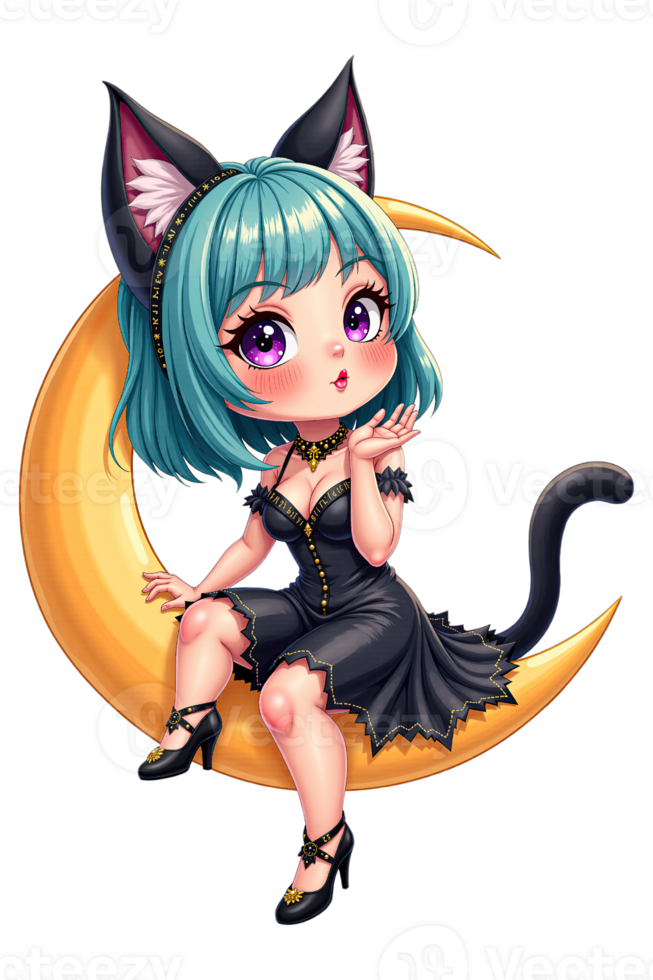 Chibi Catgirl Sitting on Crescent Moon with Short Teal Hair png