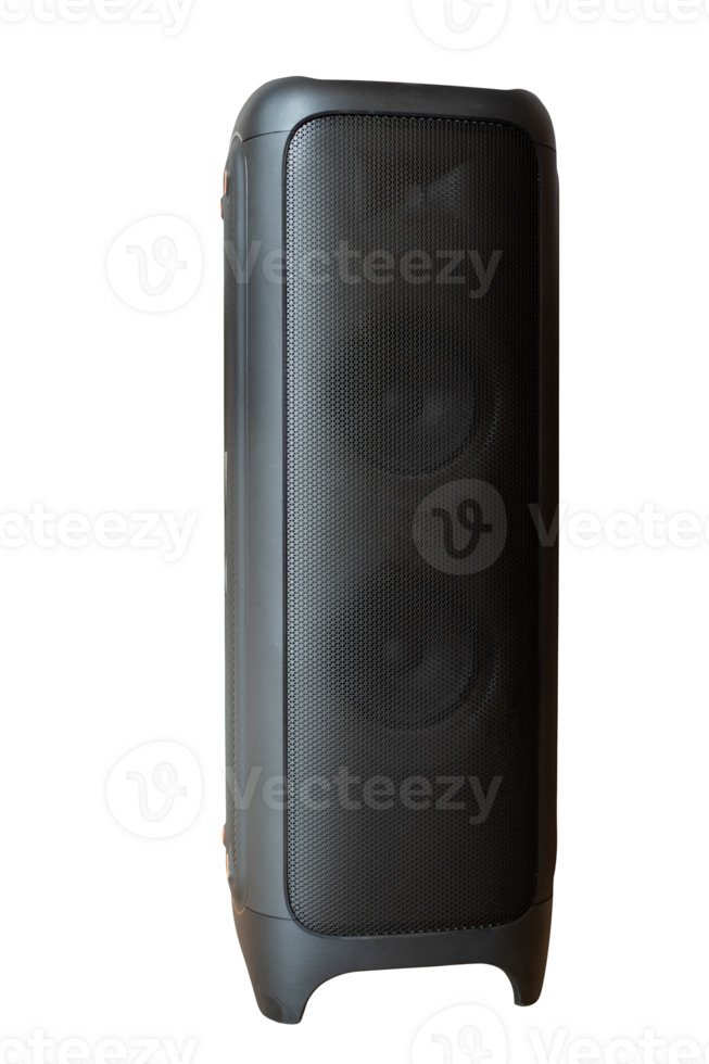Front view of Large black Modern Audio Speakers Isolated on transparent background, Portable speakers use batteries to work, provide good sound, File png