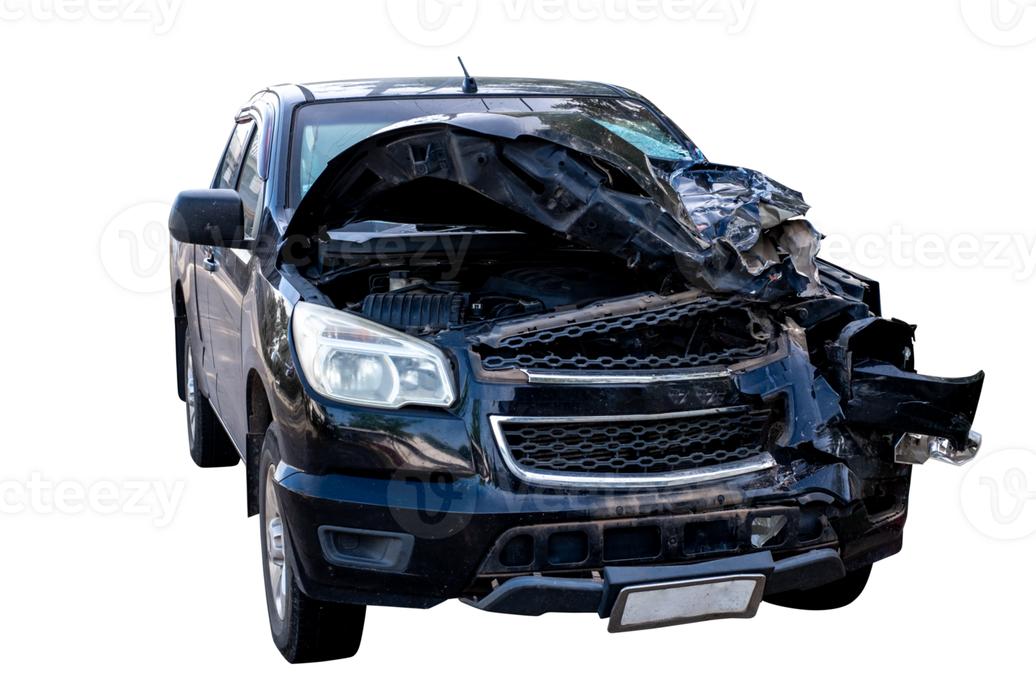 Front and side view of black pickup truck car get damaged by accident on the road. damaged cars after collision. isolated on transparent background, File png