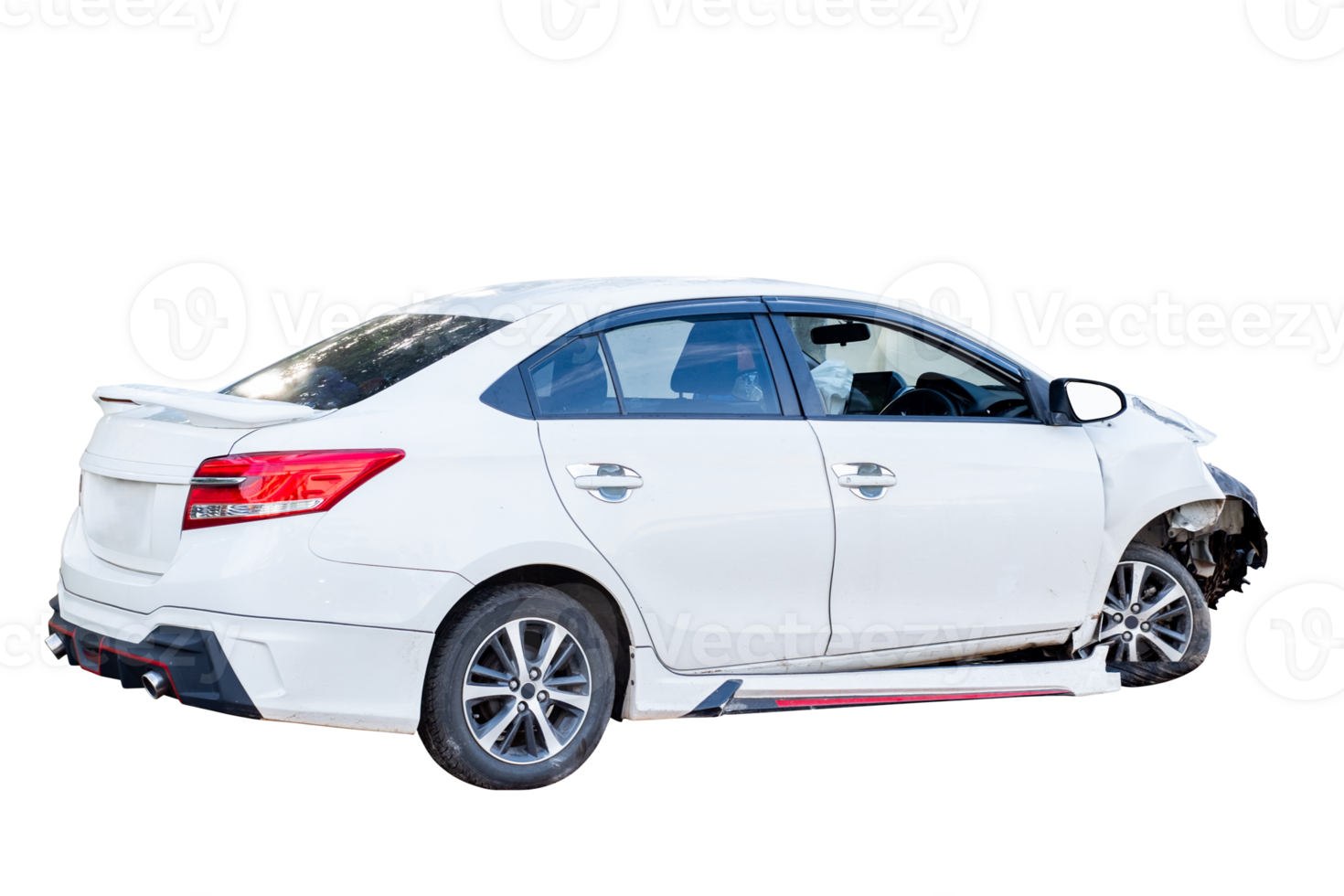 Car crash, Full body back and side view of white car get damaged by accident on the road. damaged cars after collision. Isolated on transparent background, File png
