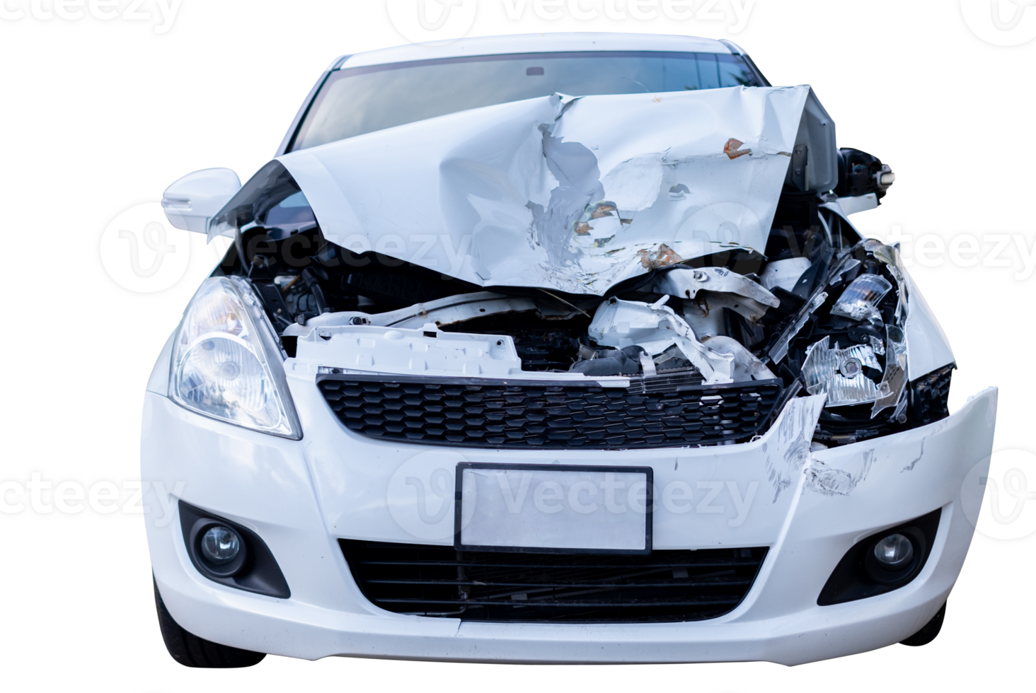 Full body front view of white car get damaged by accident on the road. damaged cars after collision. Isolated on transparent background, car crash broken,insurance accident and destroy png