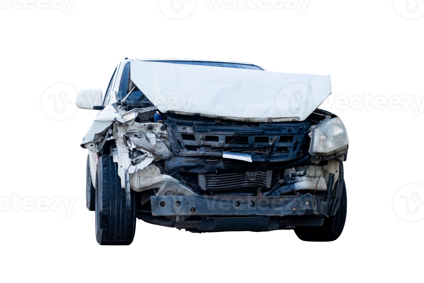Front and Side view of white pickup car get damaged by accident on the road. damaged cars after collision. isolated on transparent background. File png