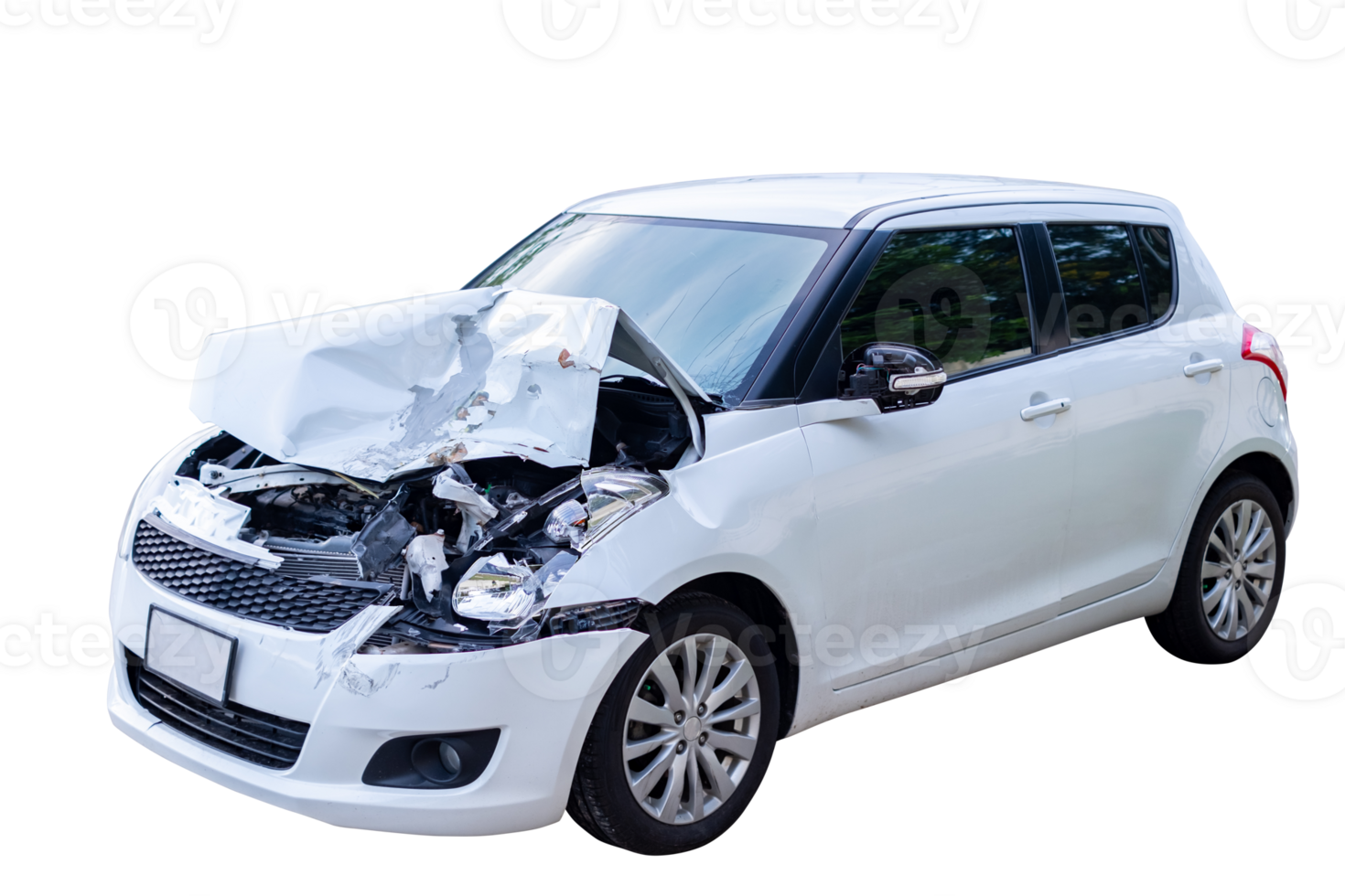 Full body front and side view of white car get damaged by accident on the road. damaged cars after collision. Isolated on transparent background, File png