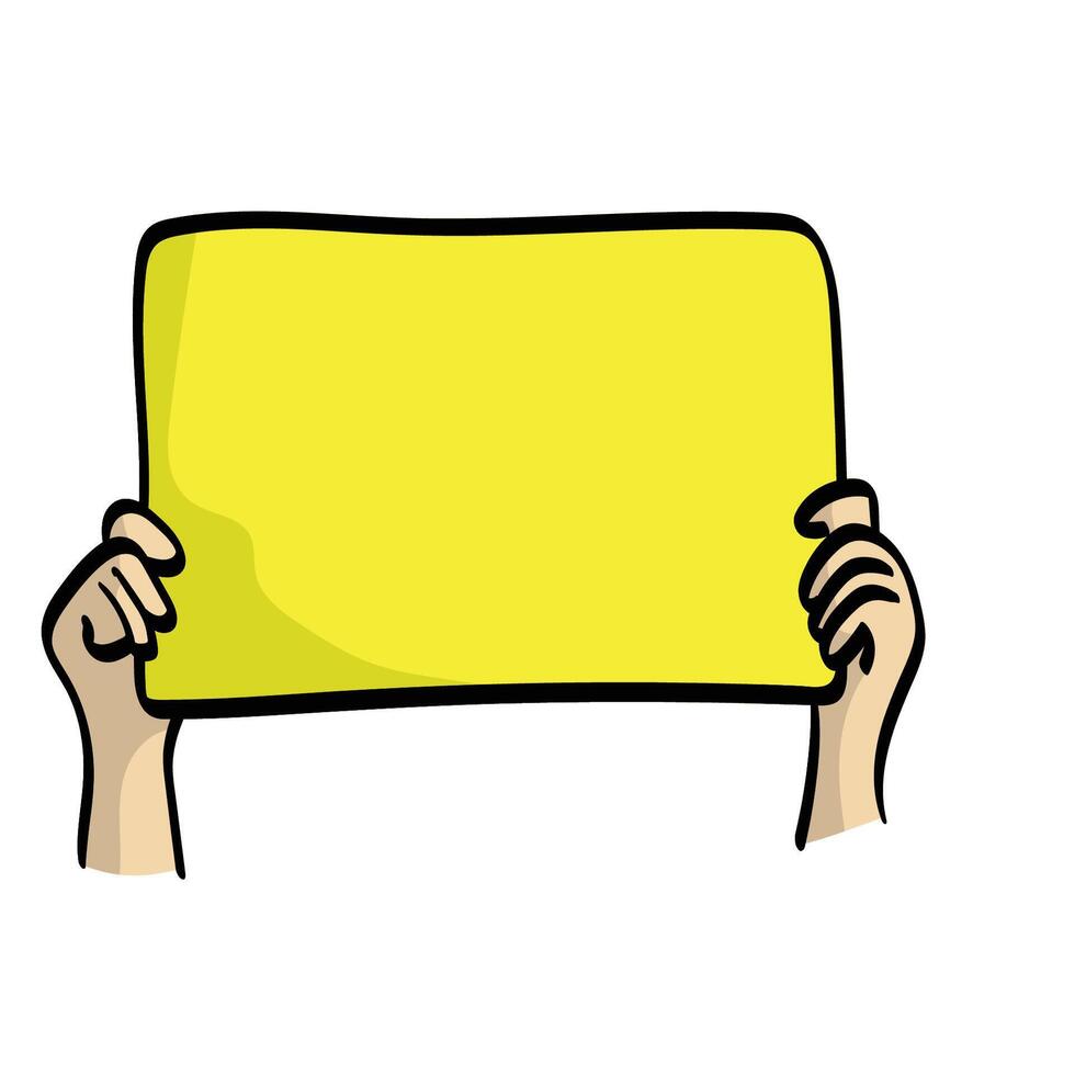 two hands holding yellow sign illustration isolated on white background vector