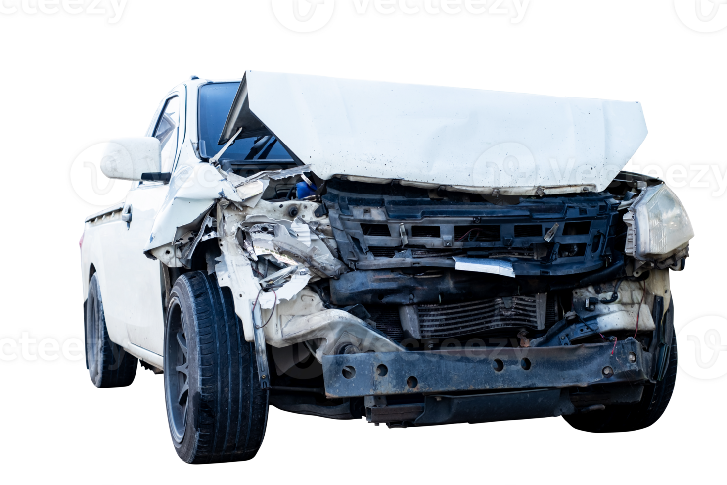 Front and Side view of white pickup car get damaged by accident on the road. damaged cars after collision. isolated on transparent background, File png