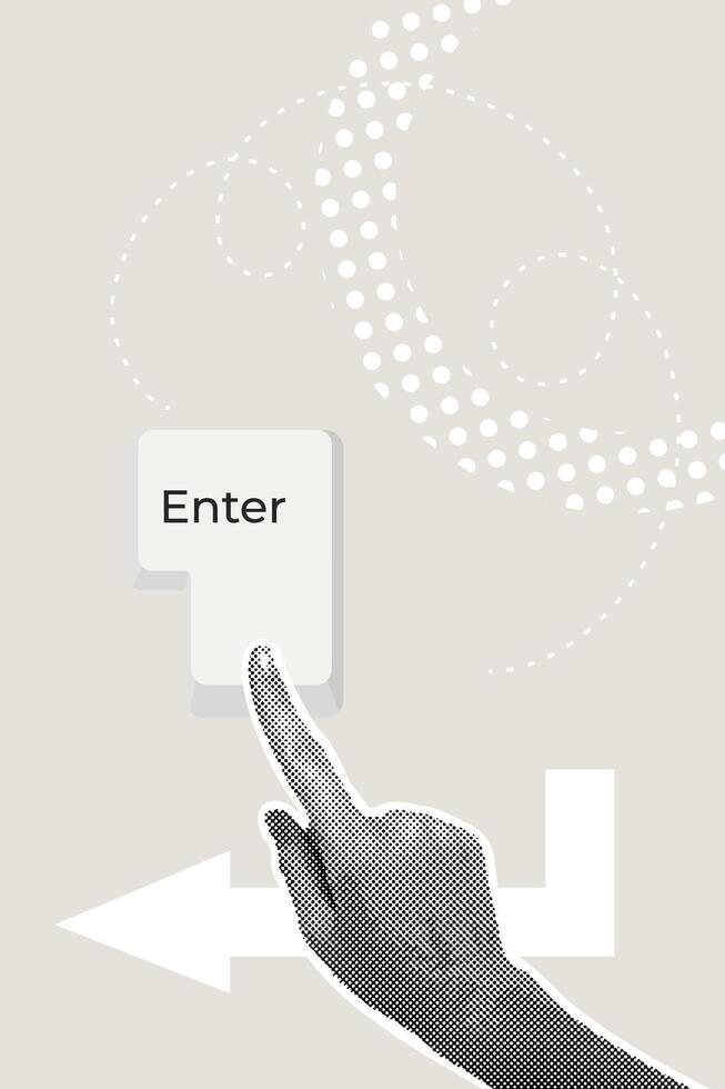 Fashionable halftone collage. Enter key combination. Entering, confirming, sending a message. Keyboard, computer, keyboard shortcut, laptop, input device, hotkeys. vector