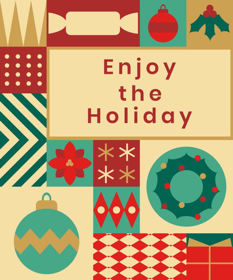 Christmas background made of geometric tiles. Enjoy the holiday.Trendy modern minimalist style.Festive background for greeting card, poster, flyer, invitation. vector