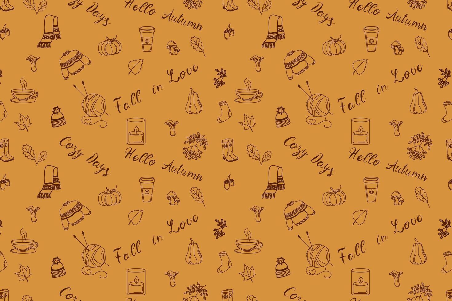 Hand drawn fall template on orange background Cozy Days, Hello Autumn, Fall in Love. Scarf, candle, mountain ash, tea, sweater, scarf and hat, ball of wool thread, leaves, acorns and mushrooms. vector