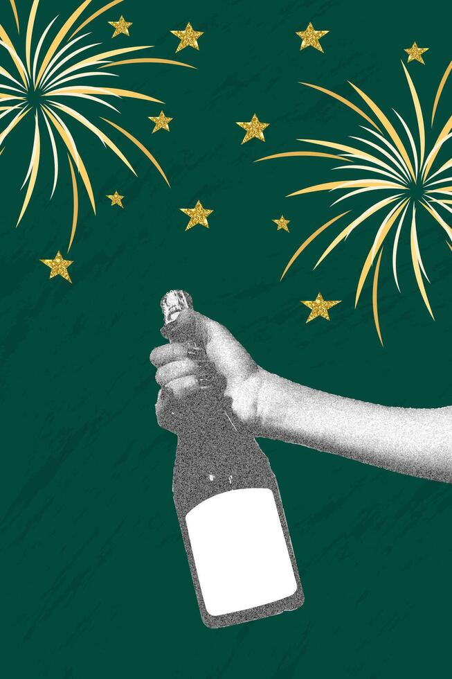 Trendy halftone collage. 2025 Concept of holiday, fun. Hand holding a bottle with champagne, festive fireworks in the background. illustration for greeting card, invitation, web banner, social vector