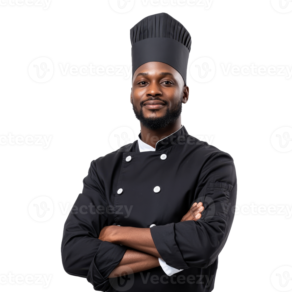 A confident black chef dressed in a black double-breasted chef's coat and matching hat, standing with arms crossed, isolated on a transparent background png