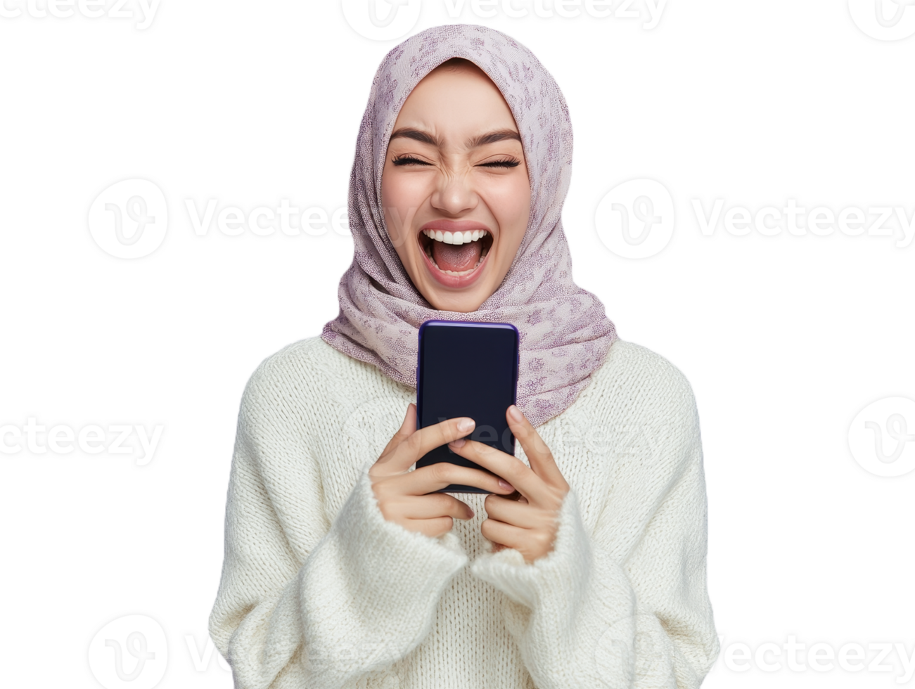 A person wearing a light-colored hijab and a white sweater, holding a smartphone with both hands against a blurred background png