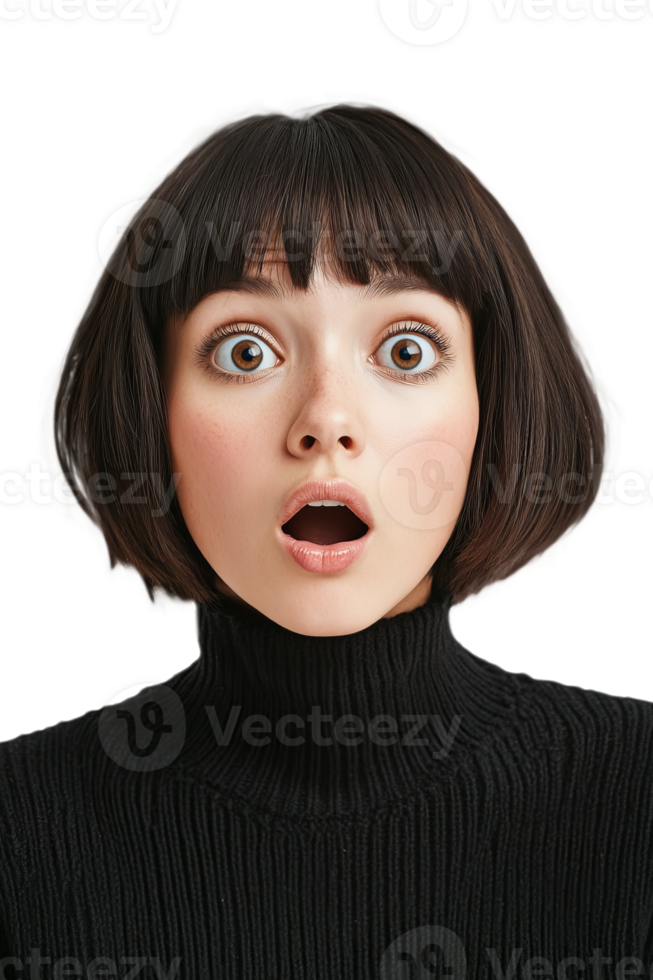 A surprised young woman with short brown hair, wide eyes, and an open mouth expression, wearing a black turtleneck against a transparent background png