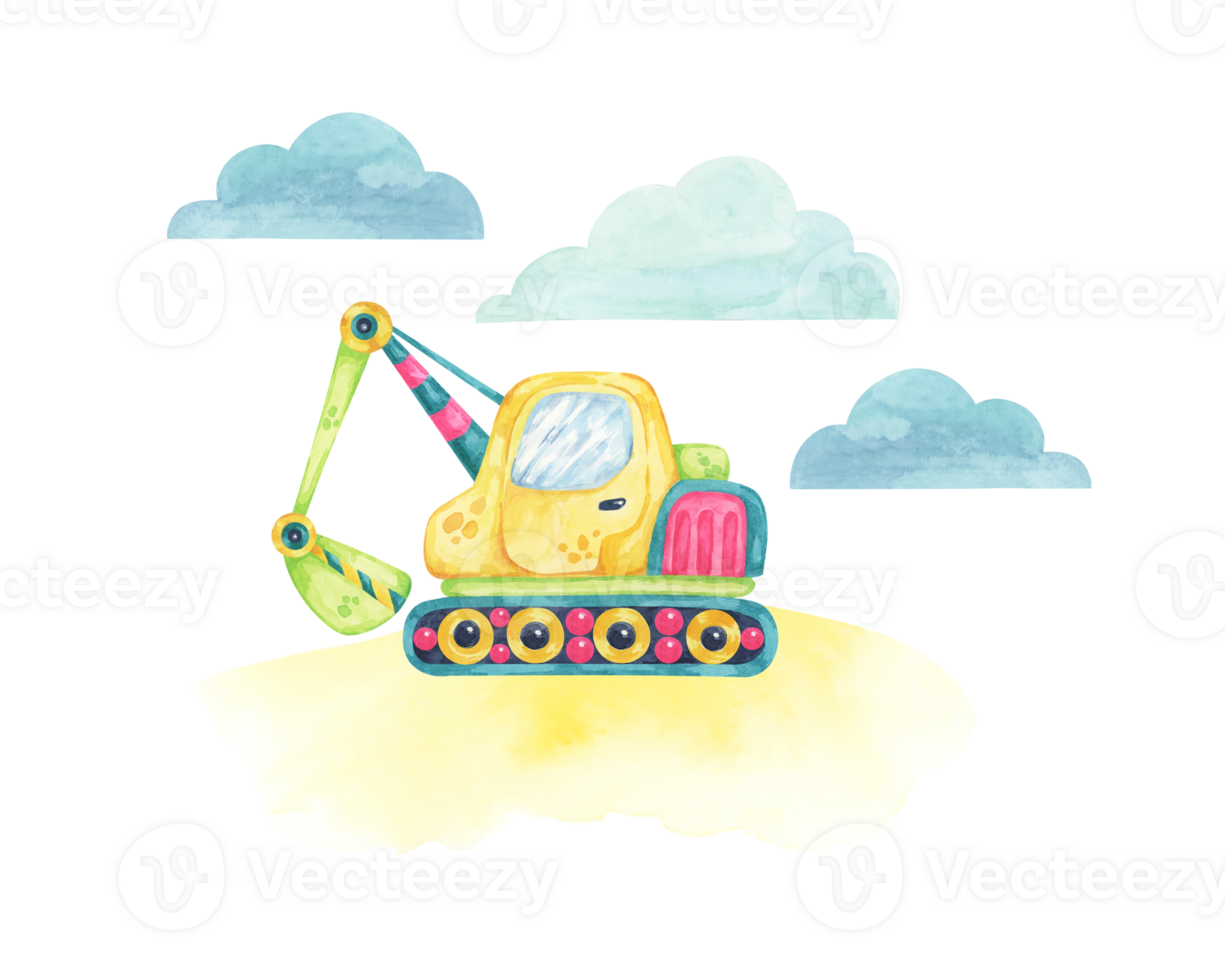 Construction excavator with a yellow cab and green arm, surrounded by soft clouds. Vehicle toy Watercolor clipart for use in construction-themed party invitations, educational materials or nursery art png