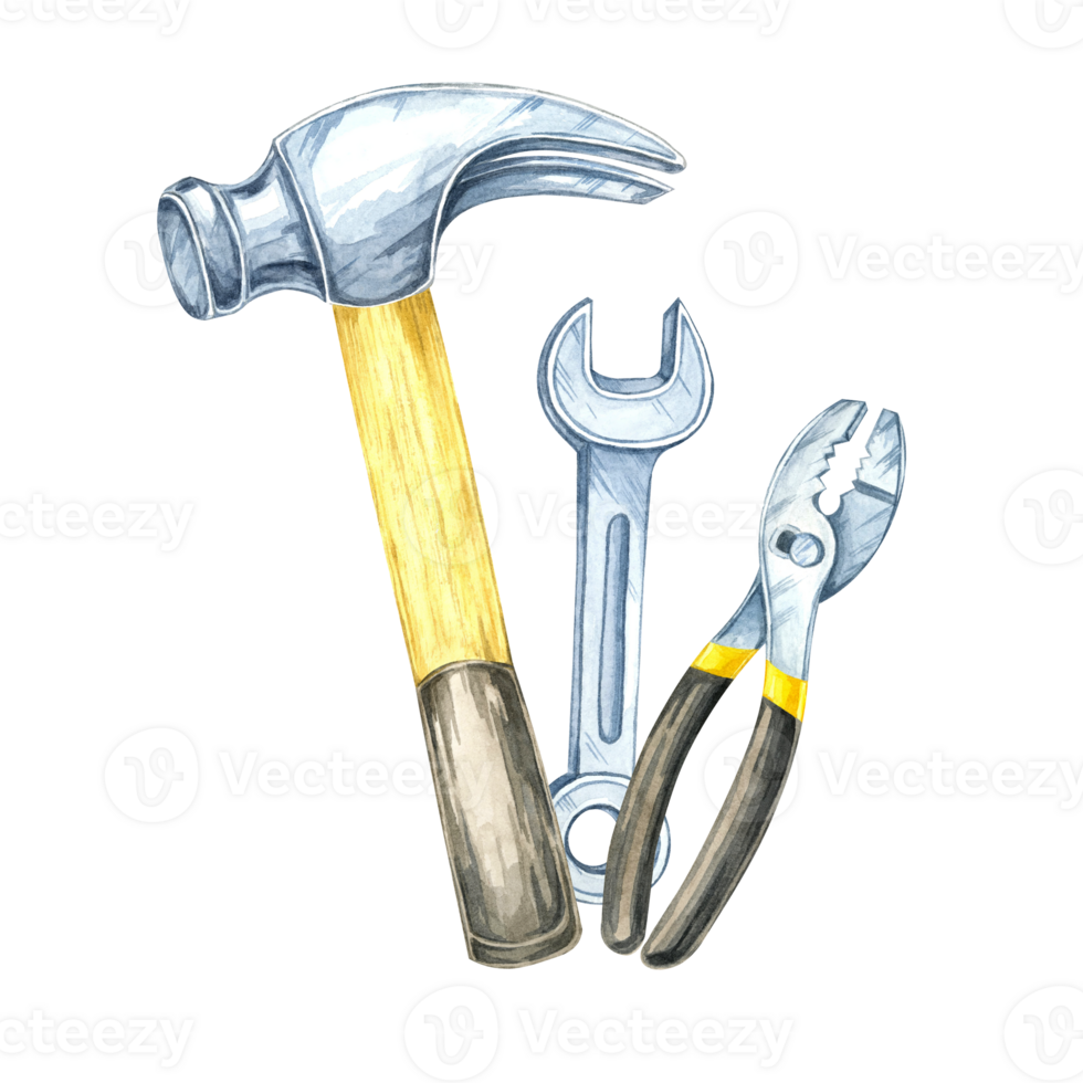 A hammer, pliers, and a wrench clipart. Hand-painted instruments watercolor illustration. Ideal for construction-related designs, tool merchandise branding, or professional hardware catalogs png