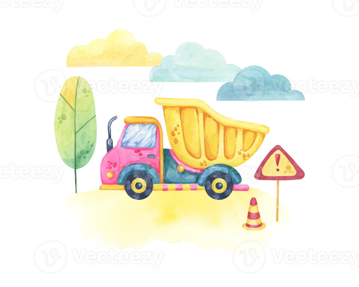 Yellow dump truck set in a construction site with a warning sign and trees. Vehicle toy Watercolor design for use in construction project illustrations, safety materials, or children's wall art png
