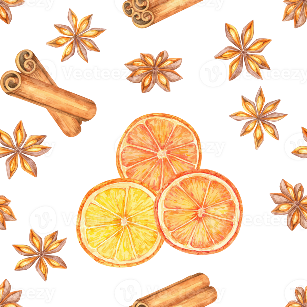 Star anise, cinnamon sticks, and sliced oranges. Seamless watercolor pattern offers a fresh seasonal festive design for use on fabrics, packaging, or as digital backgrounds for blogs or websites png
