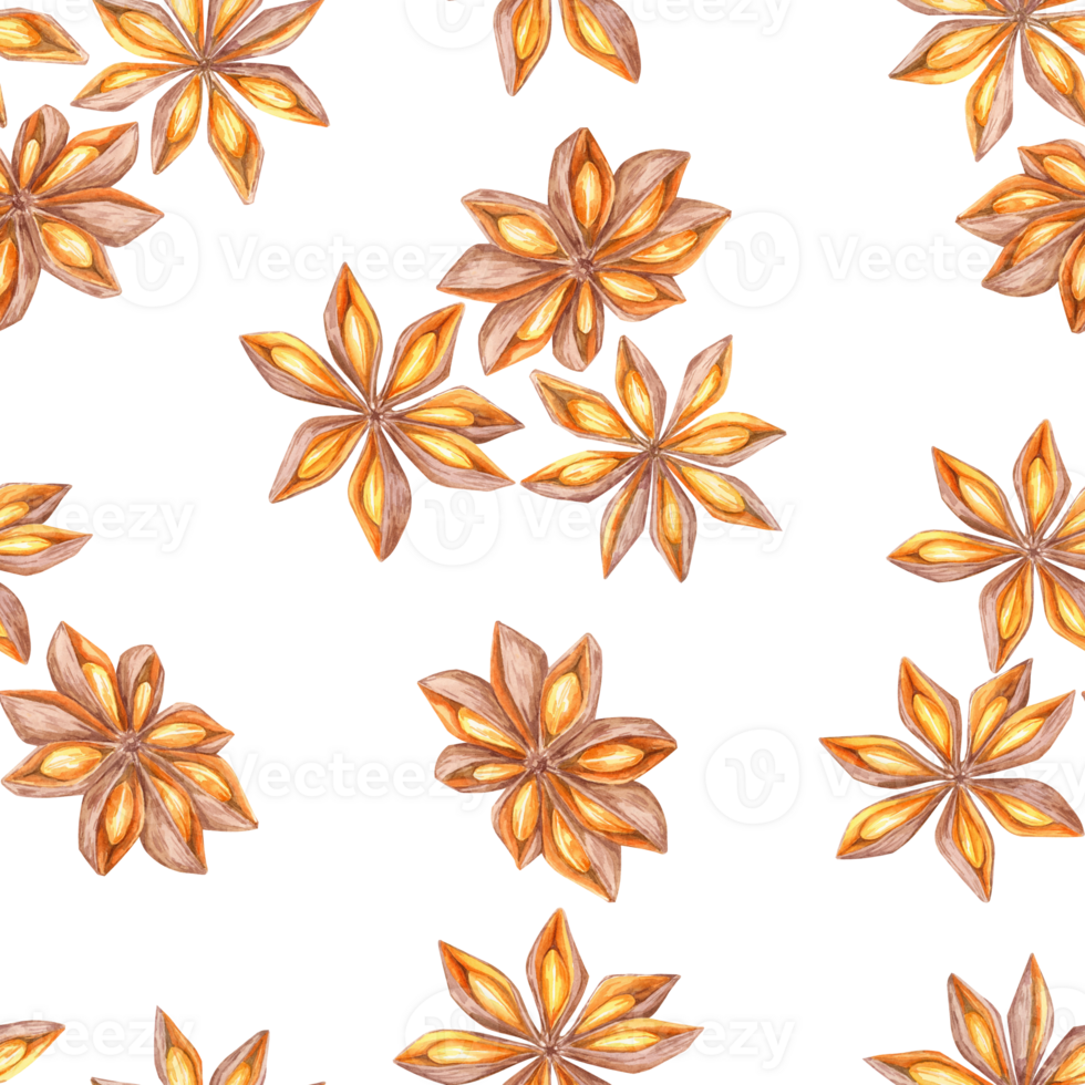 Seamless watercolor pattern with star anise in warm tones. Hand drawn Christmas spice clipart for fabric design, food packaging, or digital backgrounds for a natural and rustic feel. Baking ingredient png