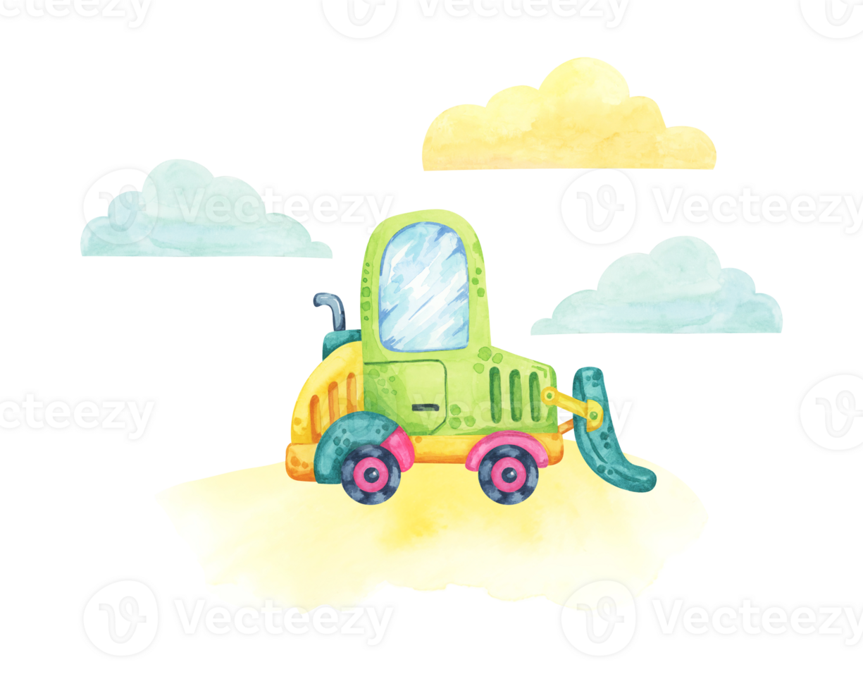 Green bulldozer with pink wheels with blue and yellow clouds in the background. Vehicle toy Watercolor clipart for use in children's learning materials, construction-themed crafts, or toy branding png