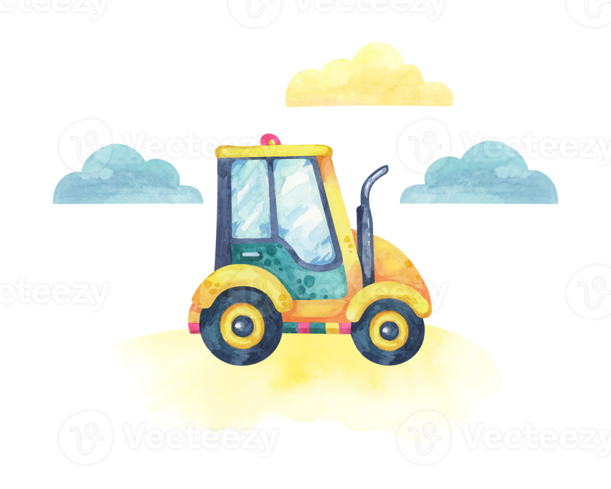 Yellow tractor with a green body and pink detailing on a background with clouds. Vehicle toy Watercolor clipart for use in industrial-themed designs, educational illustrations, or birthday invitations png