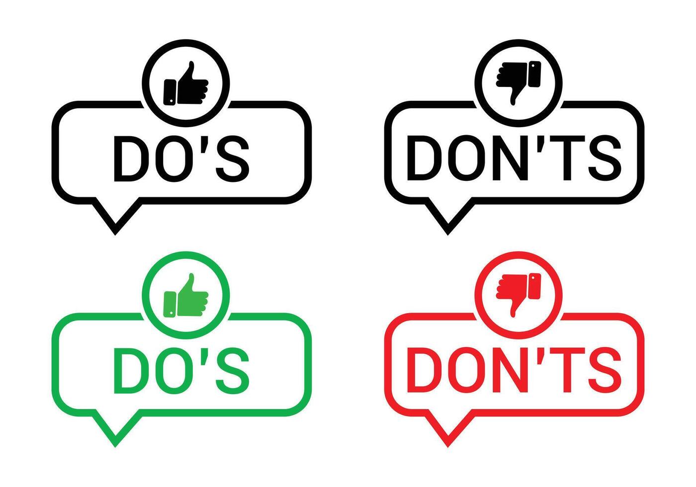 do's and don'ts icon set. Do's and Don'ts buttons with like and dislike symbols black color with thumbs up and thumbs down symbols. Check box icon with thumbs up and down sign symbol. vector