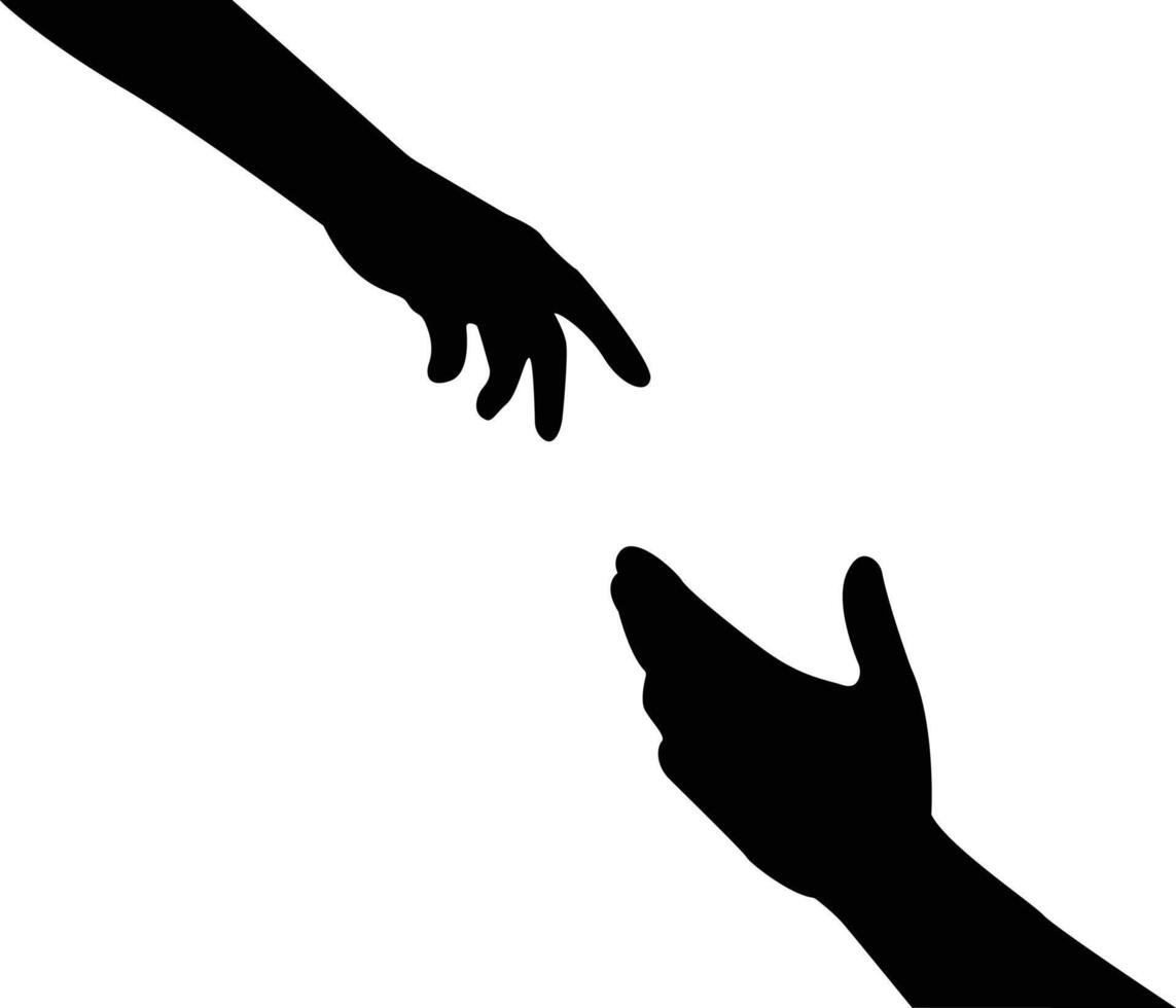 The helping hand reaches out to the other hand. cartoon illustration. Black silhouettes isolated on white background. vector