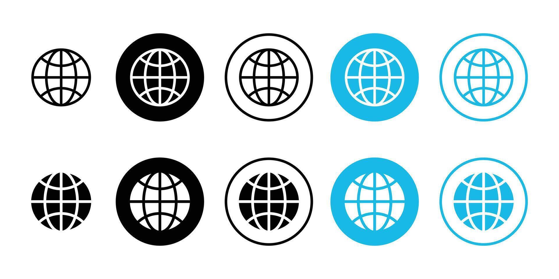 World web icons set. Globes with world maps symbol. Black and white internet globe network stroke lines icons isolated on white background. vector