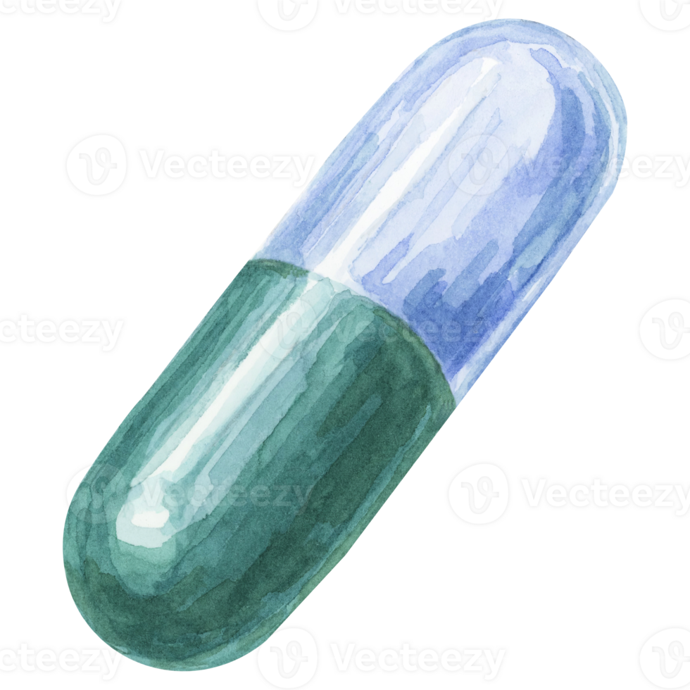 Softgel watercolor clipart featuring a green capsule with a glossy finish, ideal for healthcare designs. Use in pharmaceutical packaging, health and wellness products, and educational illustrations. png
