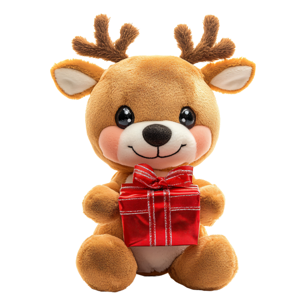 Stuffed toy reindeer doll holding red Christmas gift box isolated on transparent background png