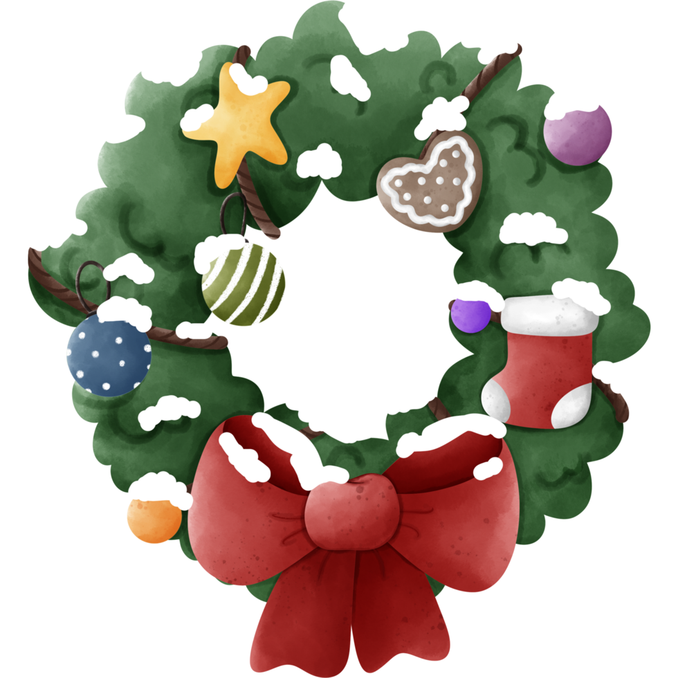 A festive Christmas wreath adorned with a big red bow. It's decorated with colorful ornaments, a gingerbread cookie, and a star. There's a light dusting of snow on the green leaves. png