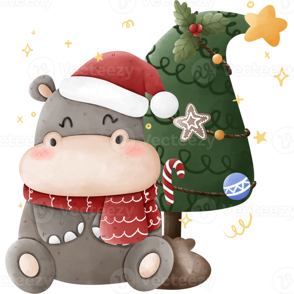 A cute cartoon hippopotamus is sitting next to a Christmas tree. The hippo is wearing a red Santa hat and a matching scarf. The Christmas tree is decorated with a star, ornaments, and a candy cane. png