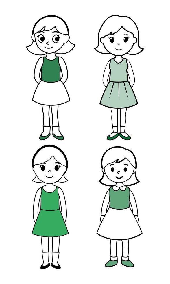 Four different girls in green dresses vector