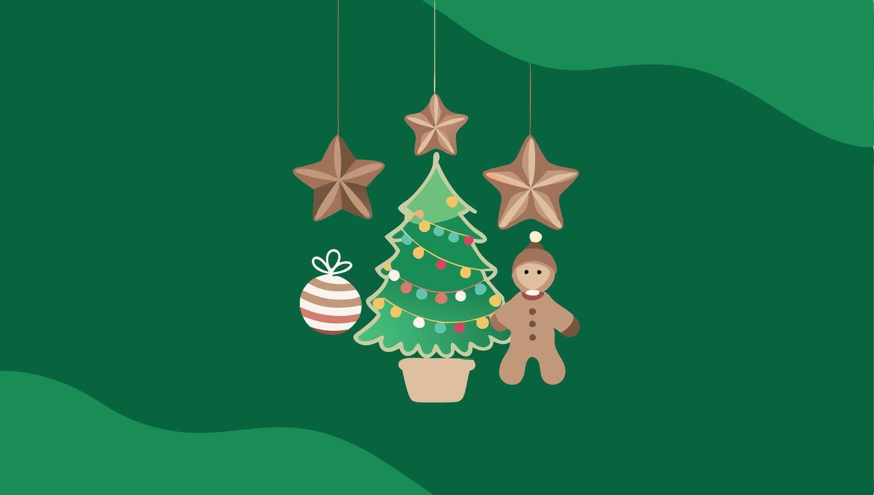 A Christmas tree and a gingerbread man hanging from strings vector