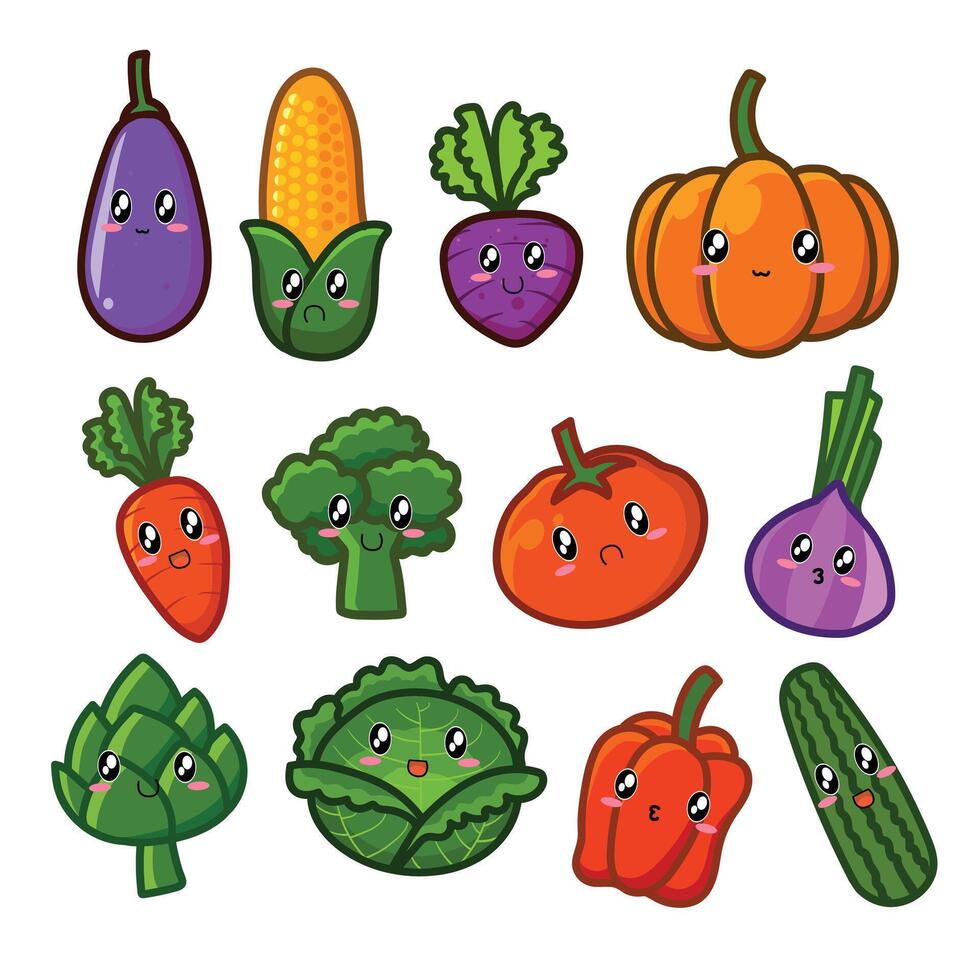 cute vegetable illustration designs in one set vector