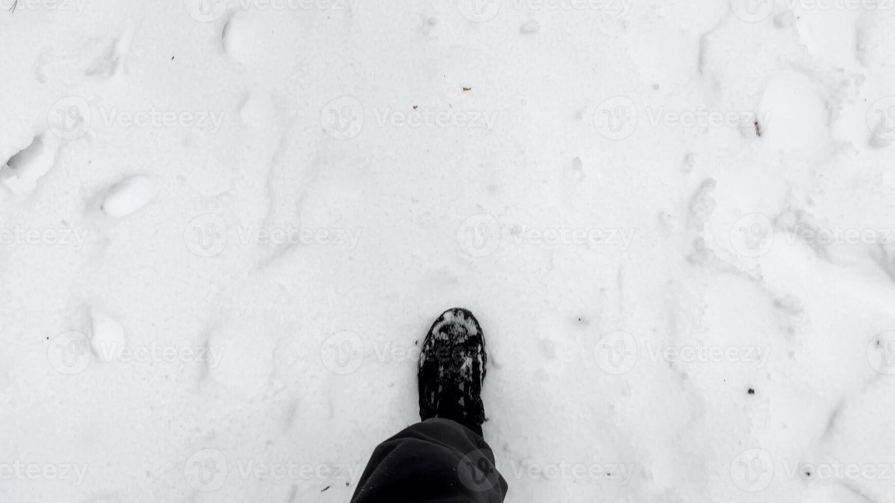 Point of view to male foot stepping on snowy path at winter park. Legs of young man in sneakers kicks up white snow going at forest. Guy walking at nature. Slow motion photo