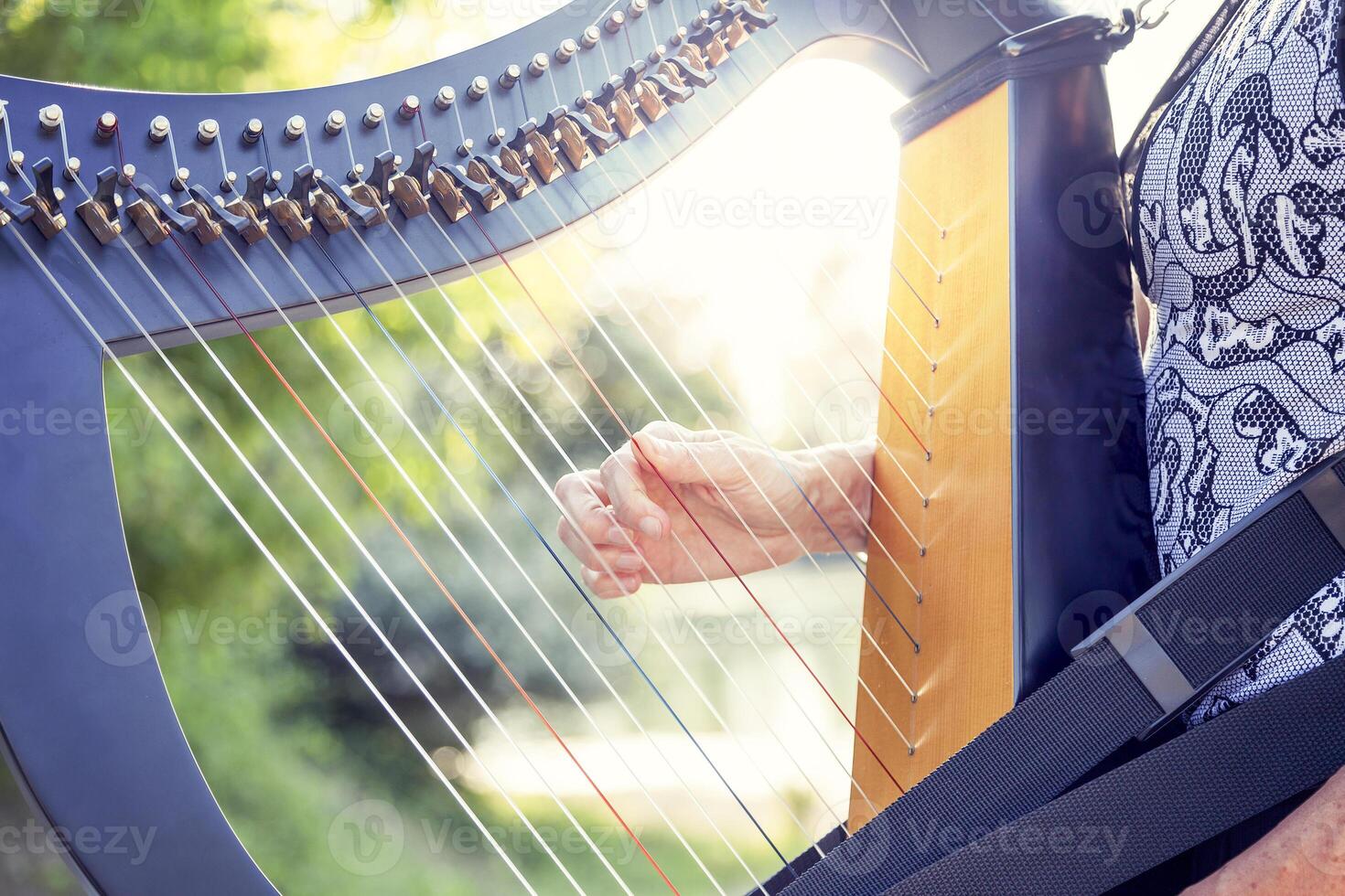 closeup of beautiful hands of woman playing the harp photo