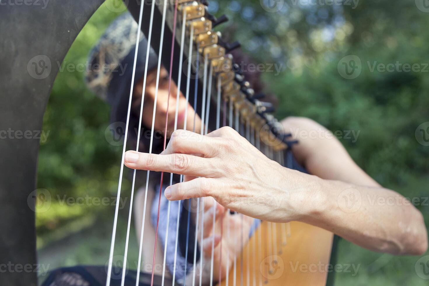 beautiful curly hair woman playing the harp photo