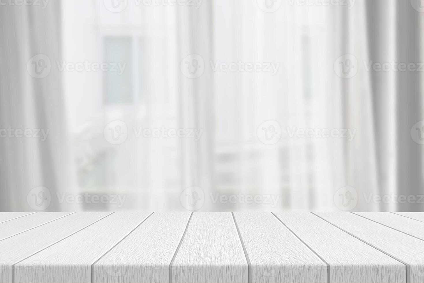 White Wood Table with Blurred Window and Curtain Background photo