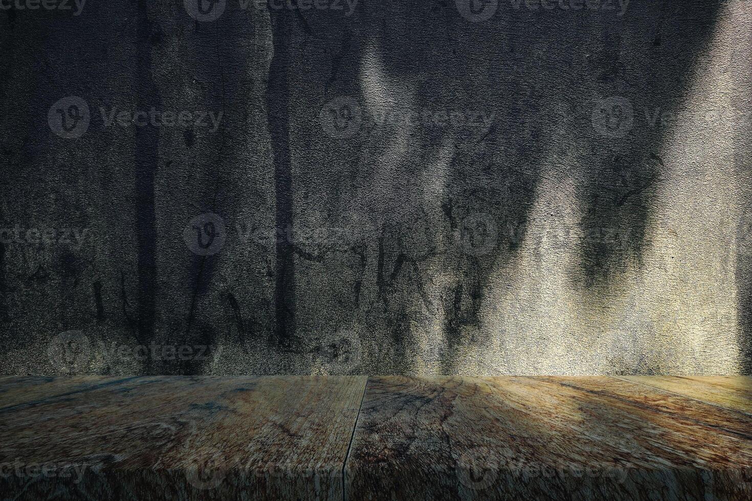 Wood Table with Grunge Concrete Wall Texture Background with Shadow and Light photo