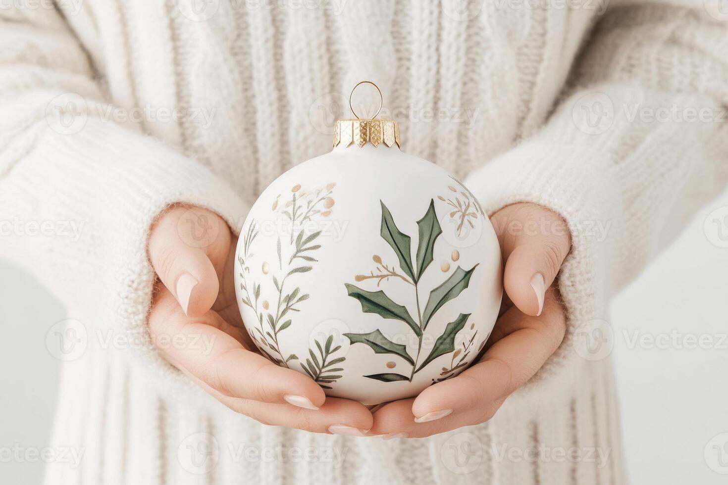 Hands holding a decorated white Christmas ornament with green and gold botanical designs photo