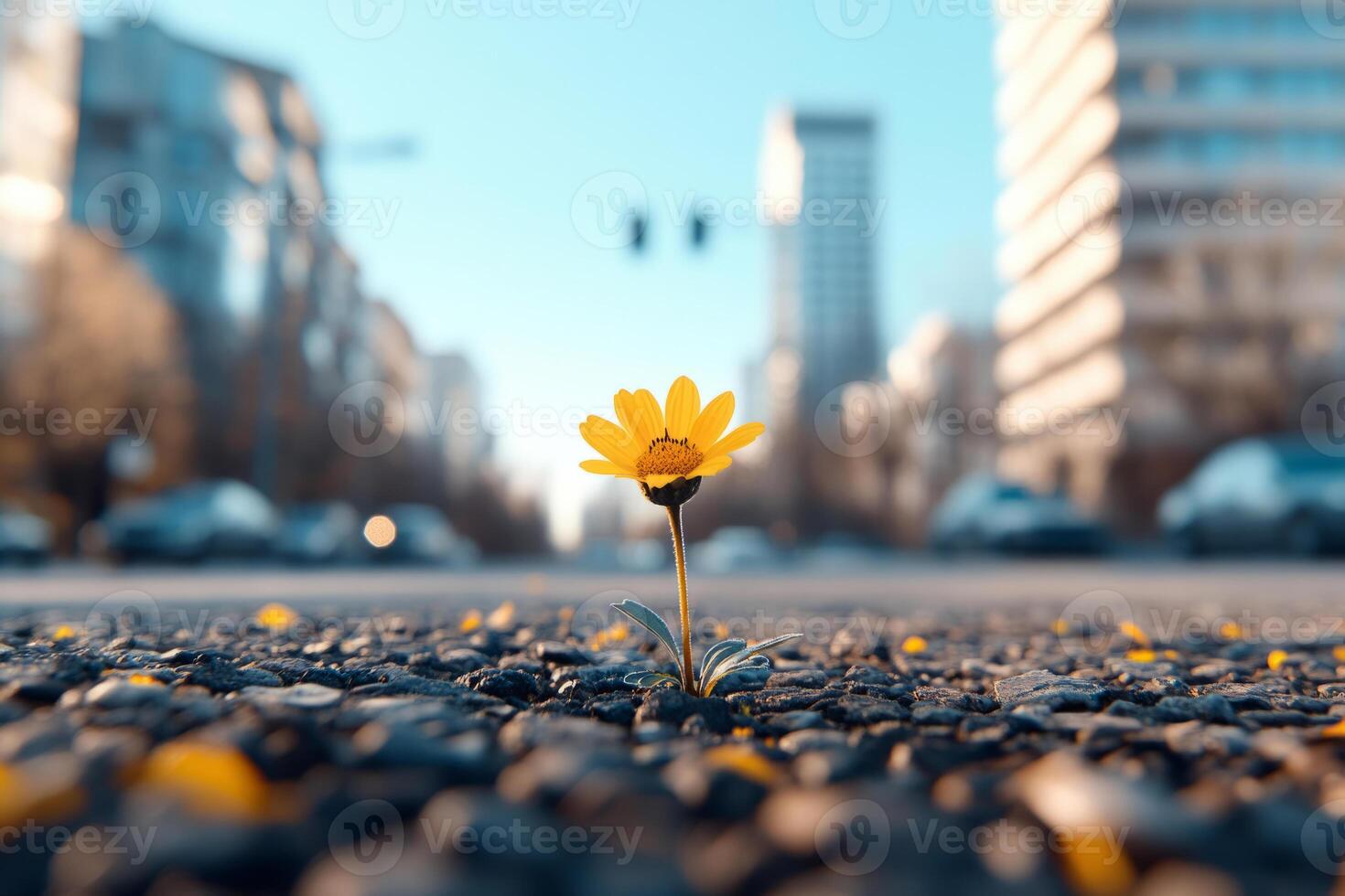 Flower growing through a crack in the pavement against an urban backdrop photo