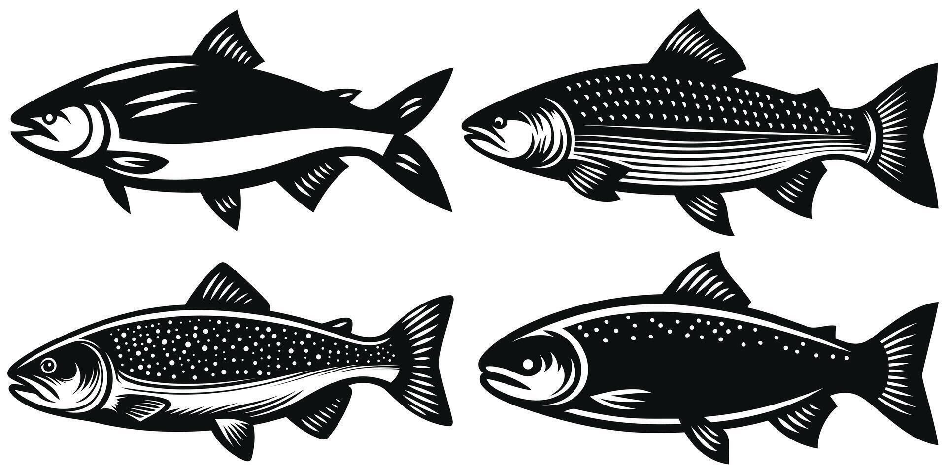 Set of black and white salmon fish silhouettes art on a white background vector