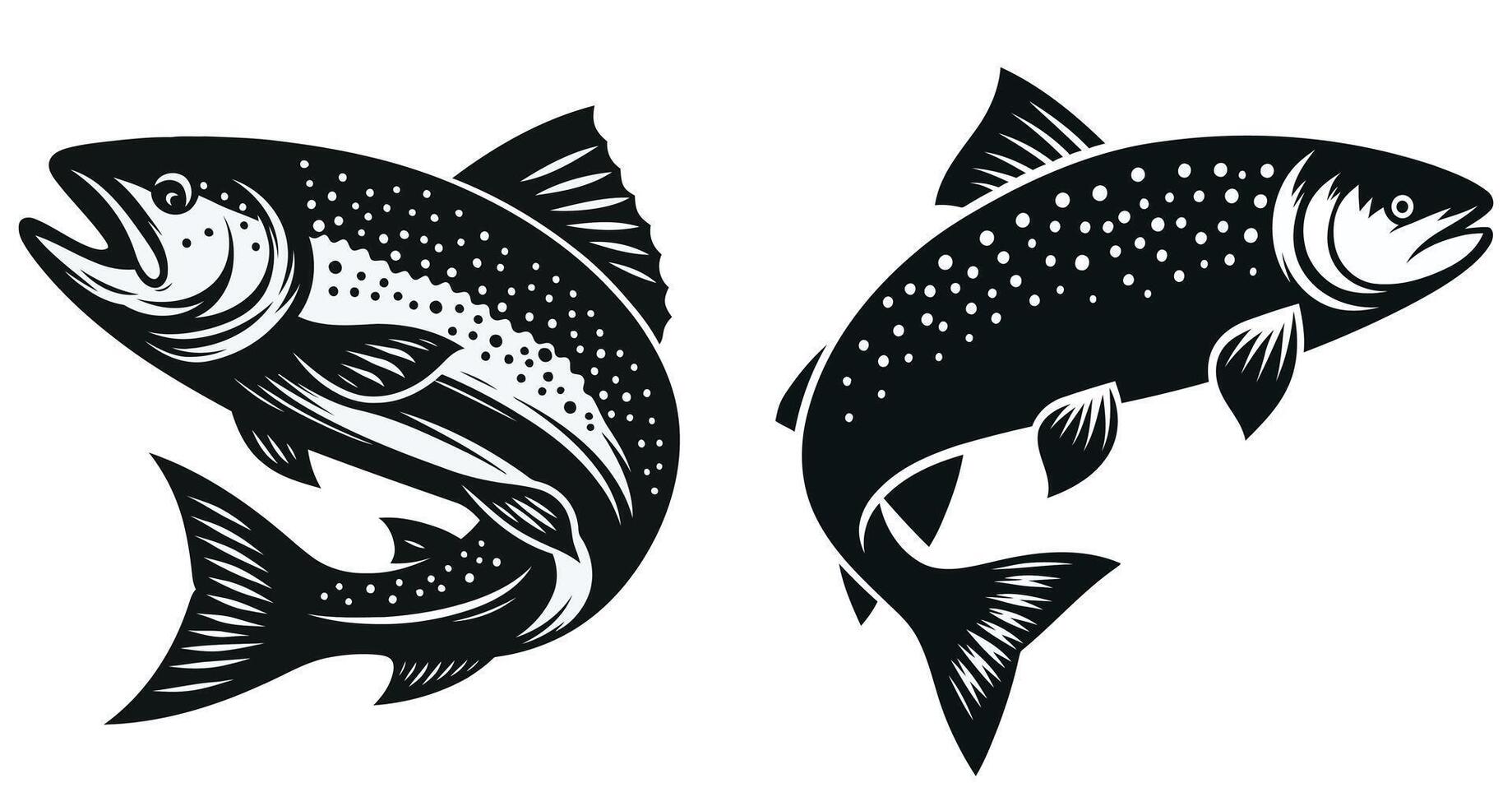 Two jumping salmon fish silhouettes art isolated on a white background vector