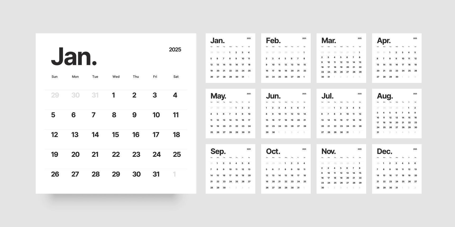 Monthly calendar template for 2025 year. Wall calendar in a minimalist style. Week Starts on Sunday. vector