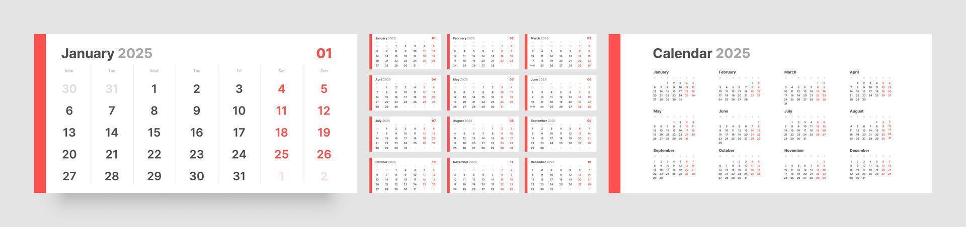 Monthly calendar template for 2025 year. Quarterly calendar in a minimalist style. Week Starts on Monday. vector