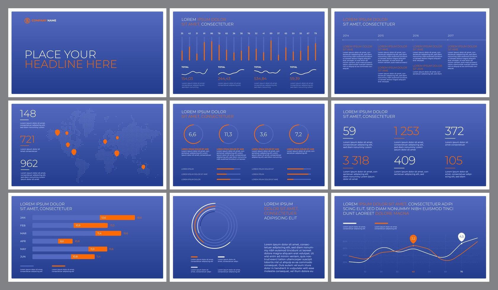 Presentation templates on a blue background with orange elements. infographics. Use in Presentation, flyer and leaflet, corporate report, marketing, advertising, annual report, banner. vector