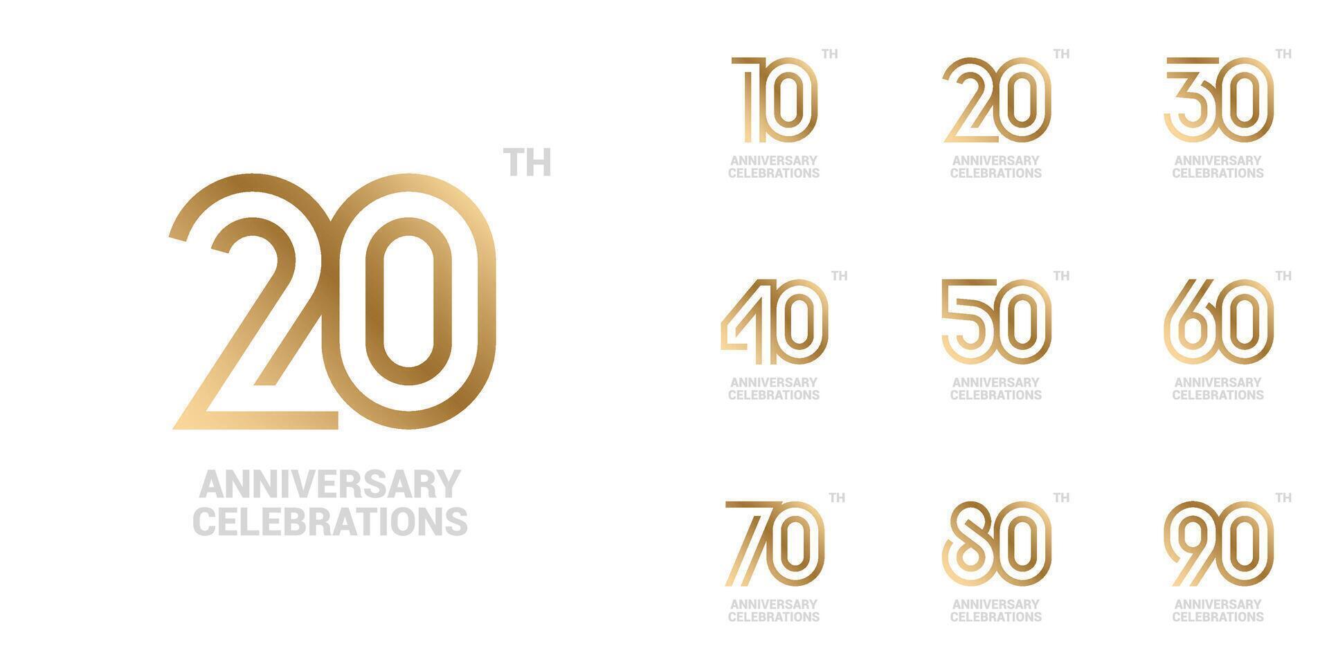 Set of anniversary logo design. Symbols of celebration 10, 20, 30, 40, 50, 60, 70, 80, 90 years. Numbers on a white background. vector