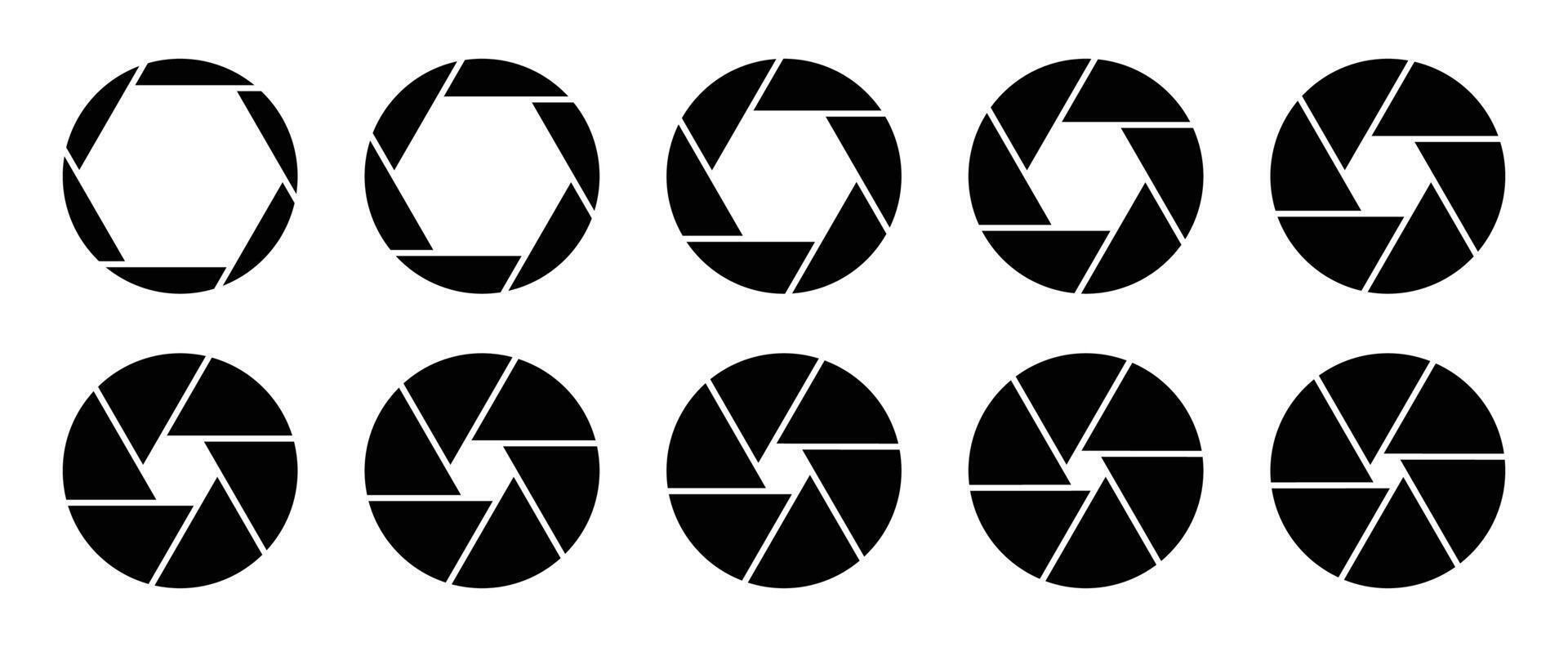 Camera aperture icon symbol set in black colors. Silhouette camera lens diaphragm icon isolated set. Shutter camera aperture lens icon set in black color. Aperture icons set different style. vector