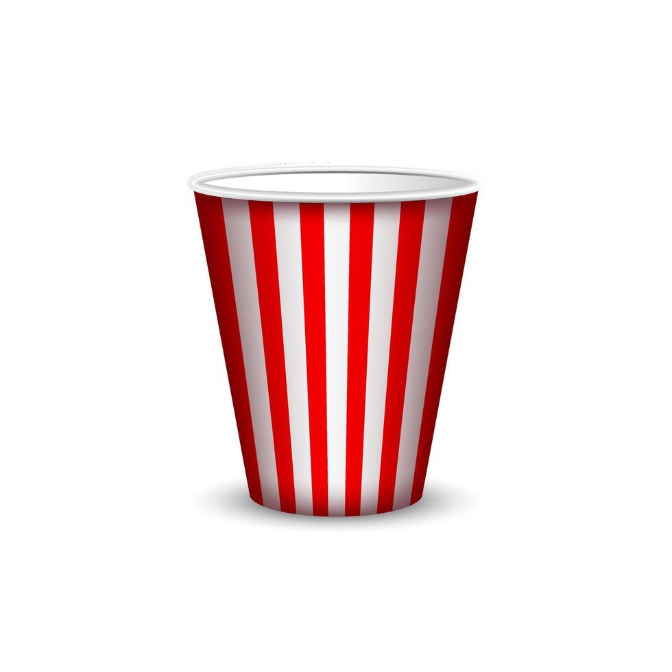 Realistic striped paper box for popcorn isolated on white background. mockup of empty white and red bucket for popcorn. vector