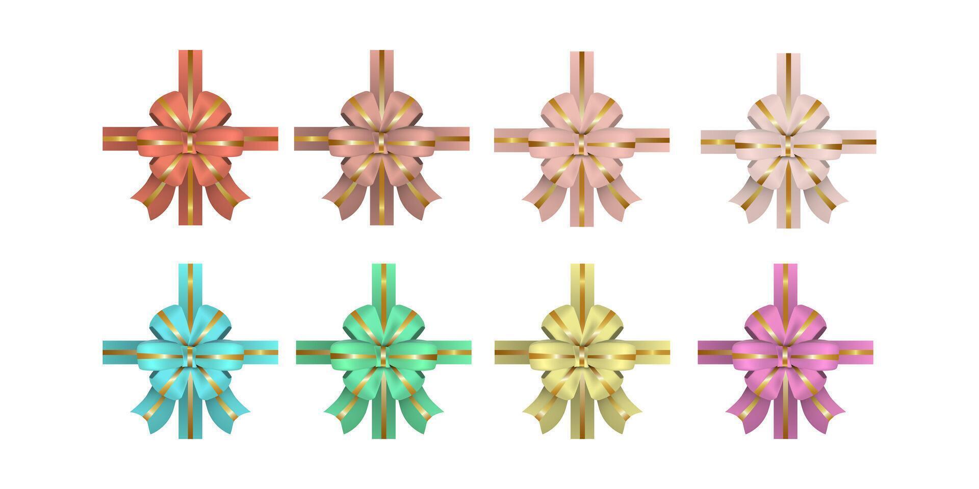 Collection set bow realistic shiny satin with shadow on white background for decorate your wedding invitation card, greeting card, gift boxes, web banner and etc. vector